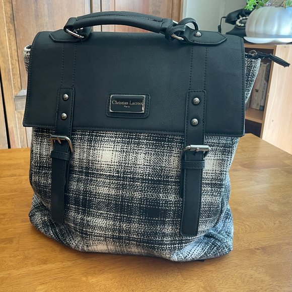Christian Lacroix Handbags - Christian Lacroix black/white plaid wool backpack purse